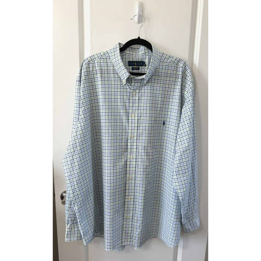 Ralph Lauren Shirt Mens Big 3X Blue Green Check Cotton Stretch Button Down 3XB